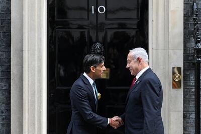 British Prime Minister Rishi Sunak welcomes Israeli counterpart Benjamin Netanyahu to No 10 Downing Street in London on Friday. Reuters