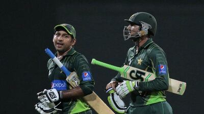 Pakistan's Shoaib Malik, right, and Sharfraz Ahmed could be in action in the UAE when they meet England in October and November. (AP Photo/Eranga Jayawardena)