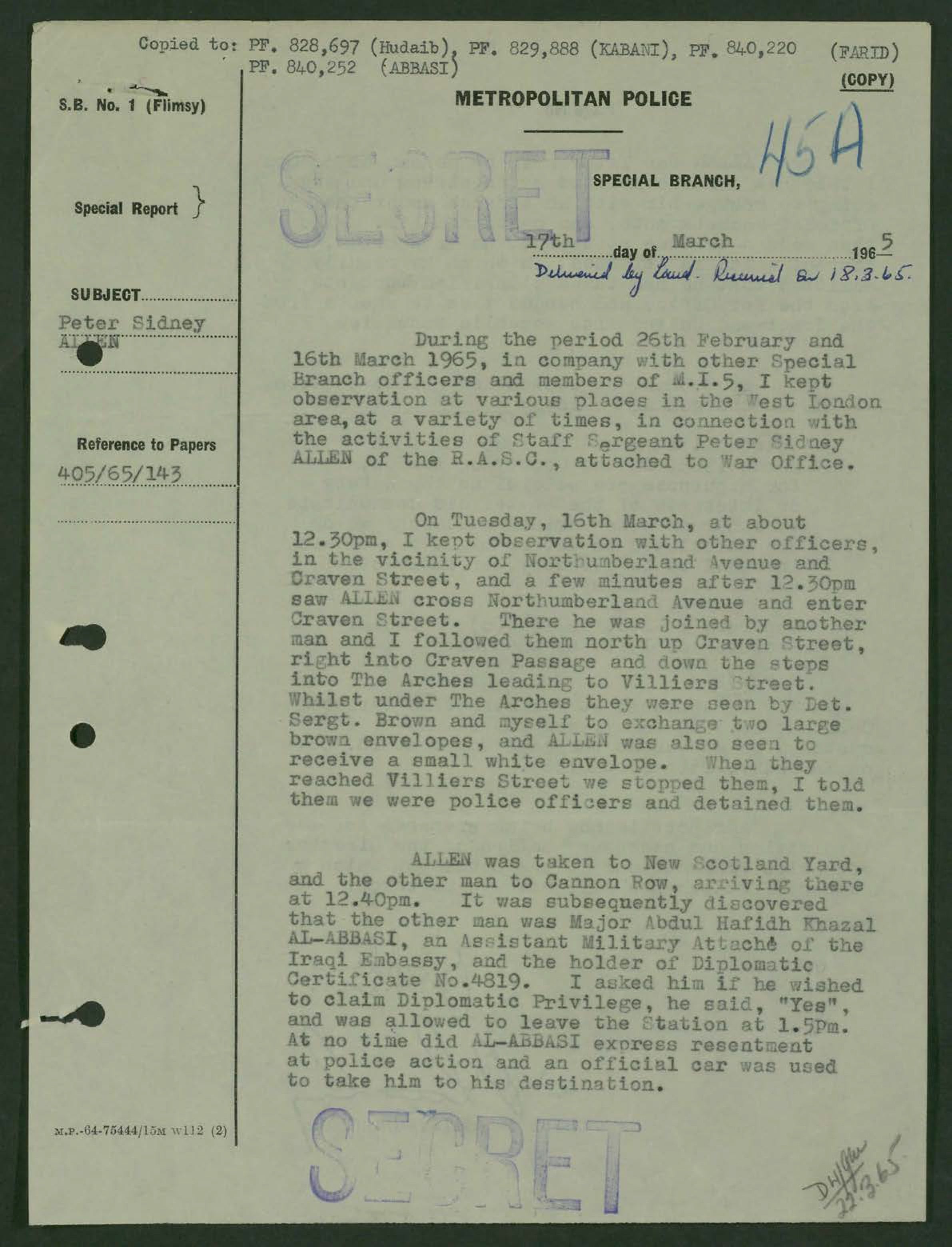 Chief Inspector Jock Wilson's account of the arrest of Peter Allen. Photo: The National Archives