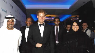 Raja Al Gurg with Emirates Group chairman Sheikh Ahmed bin Saeed and Prince Harry. Photo: Motivate Publishing