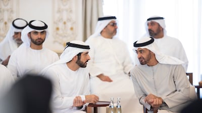 President Sheikh Mohamed speaks with Sheikh Hamdan bin Mohammed, Crown Prince of Dubai. Mohamed Al Hammadi / Ministry of Presidential Affairs