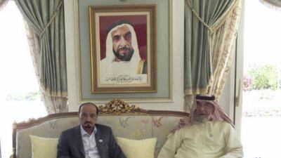 Sheikh Humaid bin Rashid, Ruler of Ajman, wishes Sheikh Khalifa good health and prosperity during his visit to the president's home in Evian. Wam