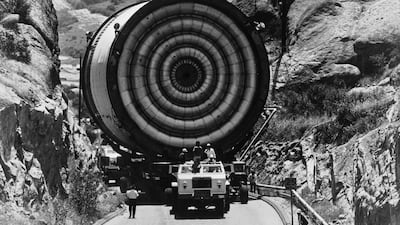 A section of the giant Saturn V-Apollo rocket being transported from its building site to the launch pad in Cape Kennedy in 1967