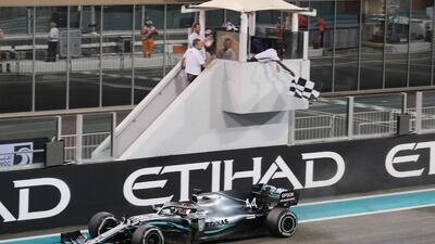 British driver Lewis Hamilton crosses the finish line to win the Abu Dhabi GP on December 1, 2019. AP
