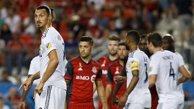 Los Angeles Galaxy forward Zlatan Ibrahimovic gets ready to defend a free kick during the second half of the game against Toronto FC. Canadian Press via AP