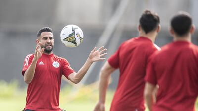 Algeria's Riyad Mahrez takes part in a training session at the annex field of the Japoma Stadium in Douala. AFP