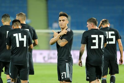 epa07086648 Argentina's Lautaro Martinez celebrates after scoring a goal during the international friendly soccer match between Argentina and Iraq, in Riyadh, Saudi Arabia, 11 October 2018. EPA/AHMED YOSRI