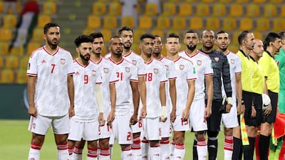 The UAE team before their 3-2 victory over Vietnam at the Zabeel Stadium in Dubai on June 15 which sealed their place in the next round of World Cup qualification. Chris Whiteoak / The National