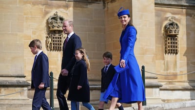 Prince George, Prince William, Princess Charlotte, Prince Louis and Catherine attend the Easter Mattins Service at St George's Chapel, Windsor, in April 2023