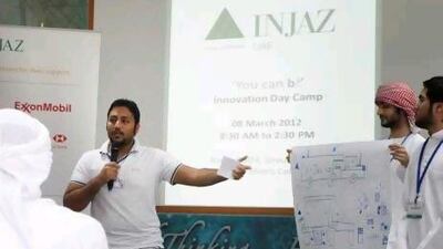 Hussain Yousif Sajwani speaks at his team's presentation. Jeffrey E Biteng / The National