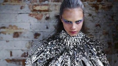 Dress, price on request, On Aura Tout Vu. Shoes, price on request, Vivienne Westwood at One of a Kind. Sleeves, price on request, Alex Noble. Photo by Wendelien Daan at Unit CMA