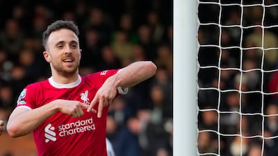 Liverpool's Diogo Jota celebrates after scoring his side's third goal. AP