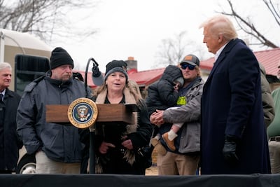 President Donald Trump meets homeowners affected by Hurricane Helene in Swannanoa, North Carolina. AP