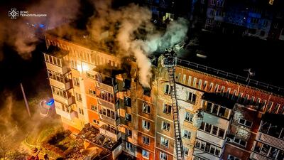 A residential building on fire following a Russian air strike, in Ternopil, Ukraine. AFP