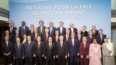 Diplomats pose for a group photo prior to an international meeting in Paris on June 3, 2016, aimed at reviving the Israeli-Palestinian peace process. Kamil Zihnioglu / Reuters