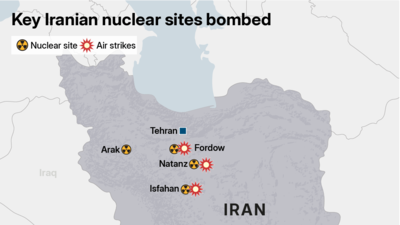 A map of Iran shows the damage caused by the US aerial attack