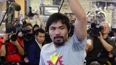 Manny Pacquiao shown during his media workout session on Wednesday in Hollywood, California as he trains to fight Floyd Mayweather on May 2. Michael Nelson / EPA