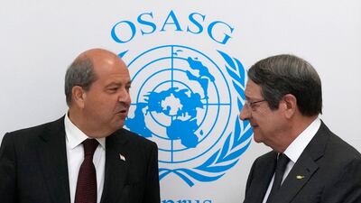Earlier this month, Cyprus's Greek Cypriot President Nicos Anastasiades, right, and Ersin Tatar, leader of the Turkish Cypriots, met inside a UN-controlled buffer zone that cuts across the capital Nicosia to kick off an initiative to give women an equal say in any renewed push to reunite the island nation. EPA