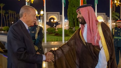 Turkish leader Recep Tayyip Erdogan meets Crown Prince Mohammed bin Salman in Jeddah, Saudi Arabia. SPA