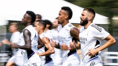 Real Madrid's Vinicius Junior, Eder militao and Karim Benzema training with teammates in LA. EPA