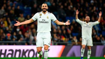 Real Madrid forward Karim Benzema celebrates after scoring against Rayo Vallecano. AFP
