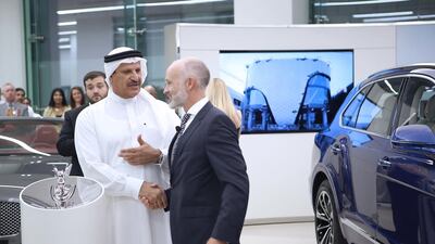 Stephen Reynolds (right) the regional director for the Middle East and Asia Pacific with Sultan al Habtoor, the president of Al Habtoor, at the inauguration of the new Al Habtoor Bentley showroom on Sheikh Zayed Road in Dubai. Ravindranath K / The National