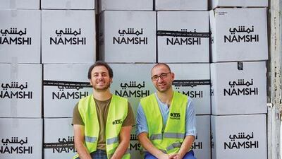 Namshi.com and Emirates Red Crescent have teamed up to donate clothes and footwear to a Syrian refugee camp in Jordan. Photo shows Hisham Zarka (Co-founder & Managing Director of Namshi) and Hosam Arab (Co-founder & Managing Director of Namshi). Courtesy Namshi.com