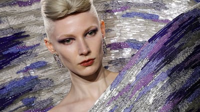 A model wears a creation from Rahul Mishra's spring/summer 2026 couture collection at Paris Fashion Week. AFP