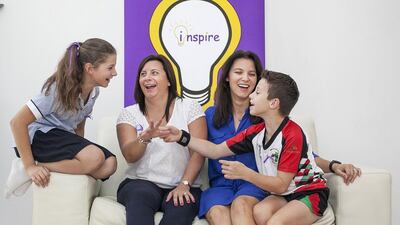 From left, Charlotte, 11, her mother, Heidi Pezzotta, Sema Faulkner, and her son Oliver, 9. Mrs Pezzotta and Mrs Faulkner have set up Inspire and are organising the Festival of Learning at The British School Al Khubairat in Abu Dhabi. Mona Al Marzooqi / The National