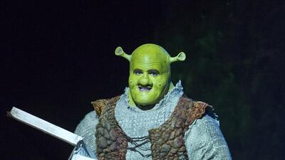 American actor Kyle Timson as Shrek. Tristram Kenton / Broadway Entertainment Group