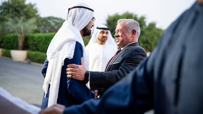 Sheikh Mohammed bin Rashid receives Jordan's King Abdullah II. Photo: UAE Presidential Court
