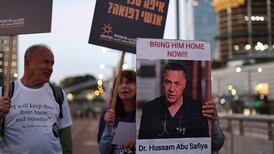 Banners demanding the release of Palestinian doctor Hussam Abu Safiya from Israeli jail, during a protest in Tel Aviv. EPA