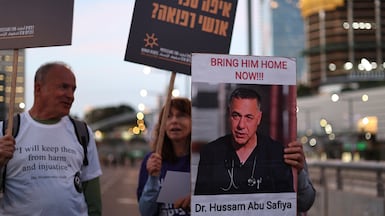 Banners demanding the release of Palestinian doctor Hussam Abu Safiya from Israeli jail, during a protest in Tel Aviv. EPA
