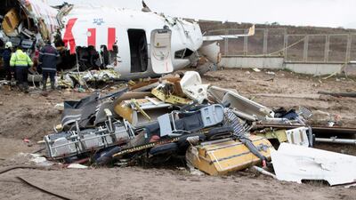 A general view of the wreckage after a Pegasus Airlines aircraft skidded off the Sabiha Goekcen airport runway in Istanbul, Turkey. EPA