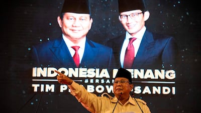 Indonesian presidential candidate Prabowo Subianto delivers his speech during a campaign rally in Surabaya on April 12, 2019. AFP