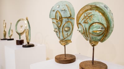 Detail of the ‘Cast Bronze Masks’ exhibition pieces at the Angola Pavilion, Expo 2020 Dubai. Steve Holland/Expo 2020 Dubai