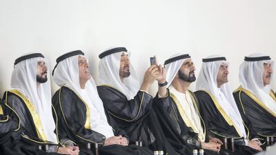 ABU DHABI, UNITED ARAB EMIRATES - February 26, 2018: (L-R) HH Sheikh Hamdan bin Mohamed Al Maktoum, Crown Prince of Dubai, HH Sheikh Saud bin Saqr Al Qasimi, UAE Supreme Council Member and Ruler of Ras Al Khaimah, HH Sheikh Mohamed bin Zayed Al Nahyan, Crown Prince of Abu Dhabi and Deputy Supreme Commander of the UAE Armed Forces, HH Sheikh Mohamed bin Rashid Al Maktoum, Vice-President, Prime Minister of the UAE, Ruler of Dubai and Minister of Defence, HH Sheikh Hamad bin Mohamed Al Sharqi, UAE Supreme Council Member and Ruler of Fujairah, and HH Sheikh Saud bin Rashid Al Mu'alla, UAE Supreme Council Member and Ruler of Umm Al Quwain, attend the inauguration of The Founder’s Memorial. ( Ryan Carter for the Crown Prince Court - Abu Dhabi ) ---