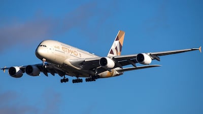 Etihad Airways' Airbus A380 landing at Heathrow. The A380 double decker is currently the largest plane in the world. NurPhoto via Getty Images