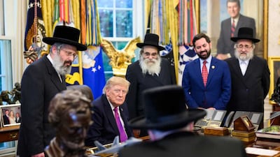 President Donald Trump meets the delegation of rabbis in the Oval Office at the White House. Photo: White House