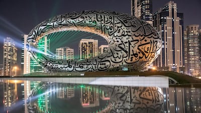 Test of the light show to celebrate the 49th UAE National Day celebrations projected on the Museum of The Future. Antonie Robertson/The National