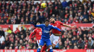 Felipe of Nottingham Forest beats Demarai Gray of Everton to a header. Getty