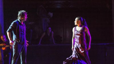 Soledad Barrio, right, and Juan Ogalla of Noche Flamenca perform Antigona. Photo by Zarmik Moqtaderi