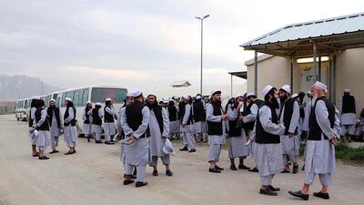 Taliban prisoners stand around before being released from the Bagram prison next to the US military base some 50 km north of Kabul. AFP via National Security Council