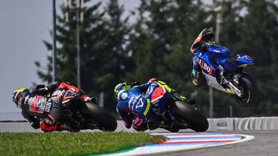 Flexbox HP 40's Spanish rider Hector Garzo crashes during the Moto 2 Czech Grand Prix at Masaryk circuit in Brno. AFP
