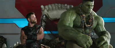 This image released by Marvel Studios shows Chris Hemsworth, left, and the Hulk in a scene from, "Thor: Ragnarok." (Marvel Studios via AP)