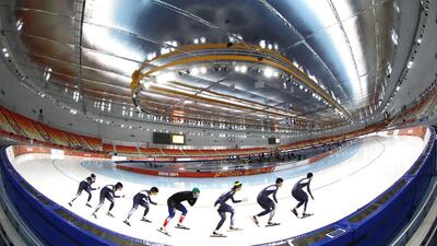 Speed Skaters train during a practice session at the Adler Arena for the Sochi Olympic Games. Vincent Jannink / EPA