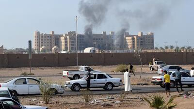 Early reports said one of the rockets hit the hotel’s main entrance and a third rocket fired at the building had missed and landed in the sea. Saleh Al-Obeidi / AFP