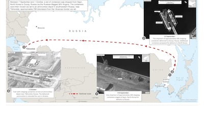 This image released by the US government purportedly shows the transfer of military equipment from North Korea to Russia. US Government / AFP