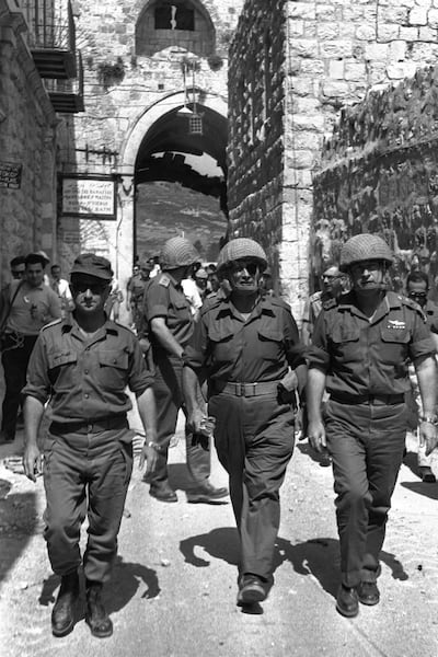 From left, Israeli Gen Uzi Narkiss, defence minister Moshe Dayan and army chief Yitzhak Rabin enter the Old City of Jerusalem through the Lions Gate after its capture from Jordanian forces in the 1967 war. Photo: Israeli GPO / Newsmakers