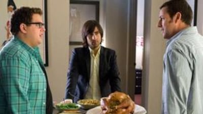 The comic actors Jonah Hill, Jason Schwartzman and Adam Sandler star in Judd Apatow's latest movie, Funny People - a film that tackles a serious subject.